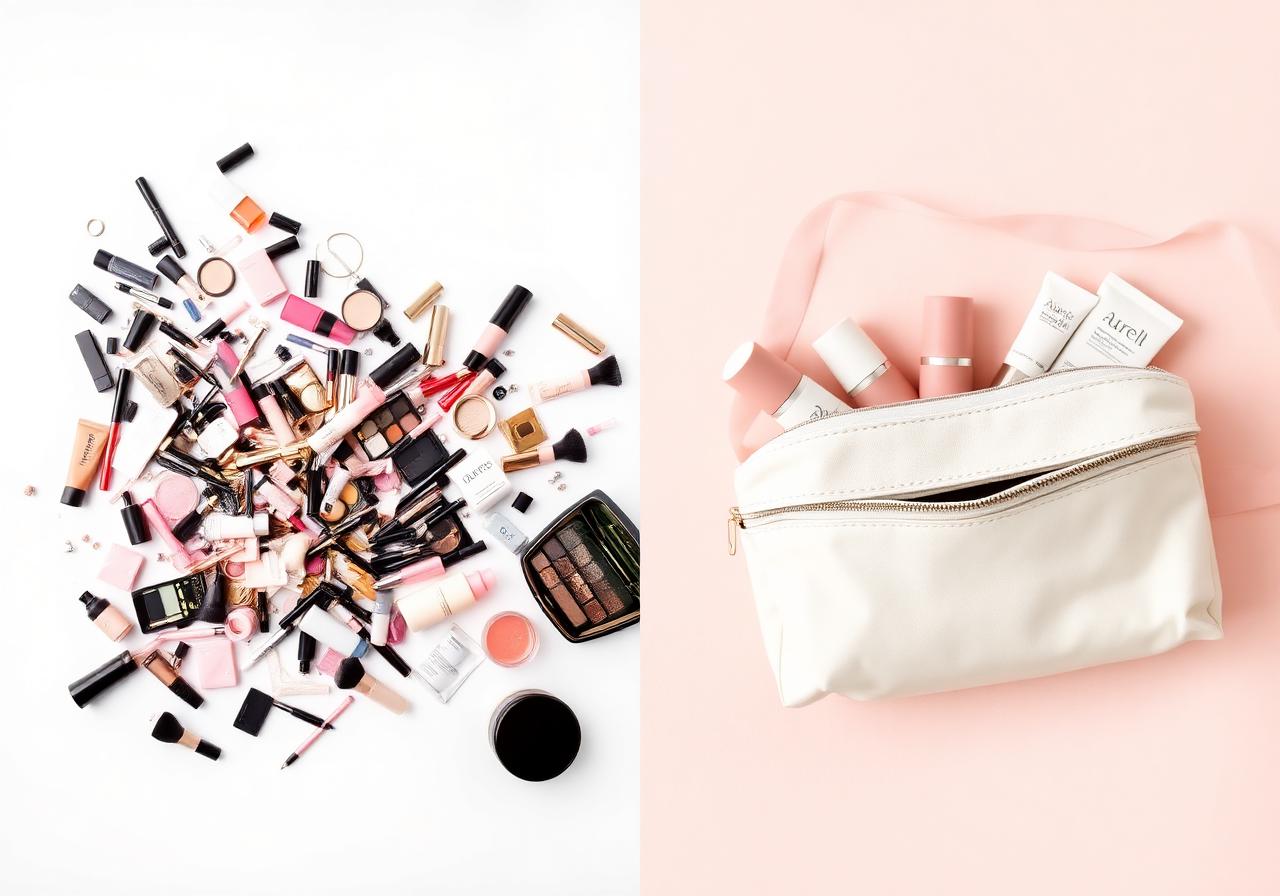 Messy makeup bag versus organized Aurelle bag